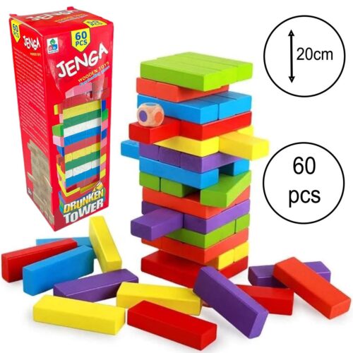 لعبة البرج الخشبي الملون – 60 قطعة مع نرد للتسلية للأطفال والكبار