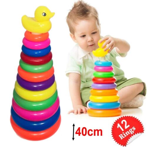 برج حلقات قوس قزح القابلة للتكديس - لعبة مونتيسوري تعليمية للأطفال، تساعد على التنمية المبكرة، 40 سم، هرم من 12 حلقة ملونة