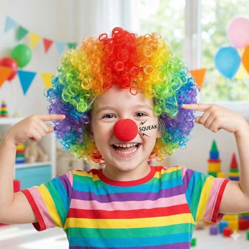 باروكة مهرج ملونة + أنف أحمر مطاطي مع بوق